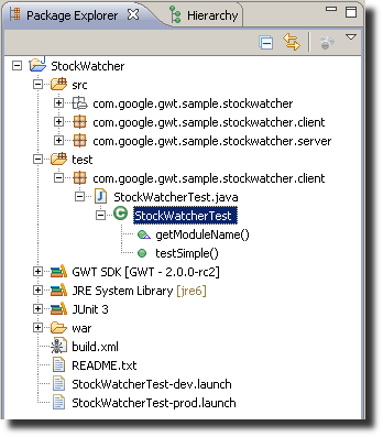 screenshot: JUnit tests in Package Explorer