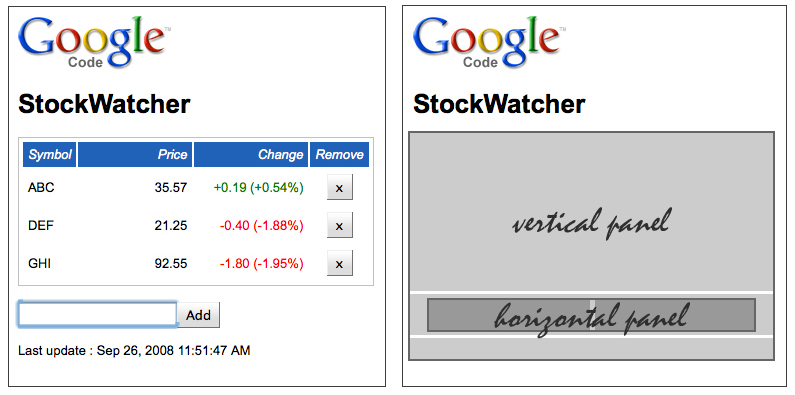 screenshot: StockWatcher UI
